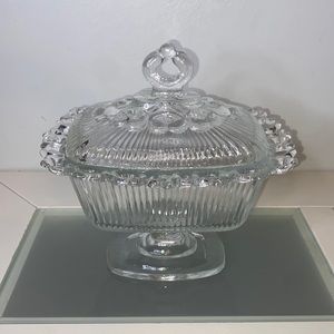 Vintage Indiana Glass Clear Lace Edge Pedestal Candy Bowl with Lid
